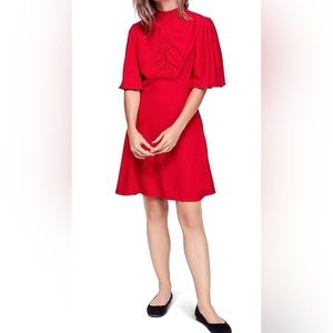 Free People, Sz 4 & 6 Available, Red, Ruched Mock Neck Flutter Sleeve Mini Dress